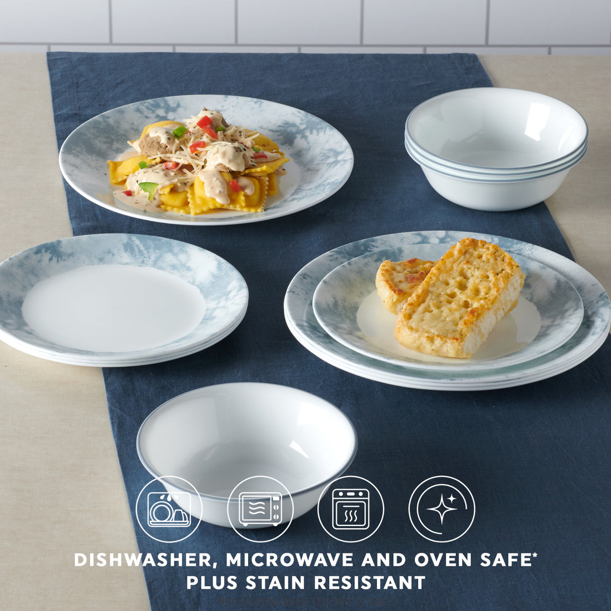 Salt Wash 12-piece Dinnerware Set with text dishwasher, microwave and oven safe plus stain resistant