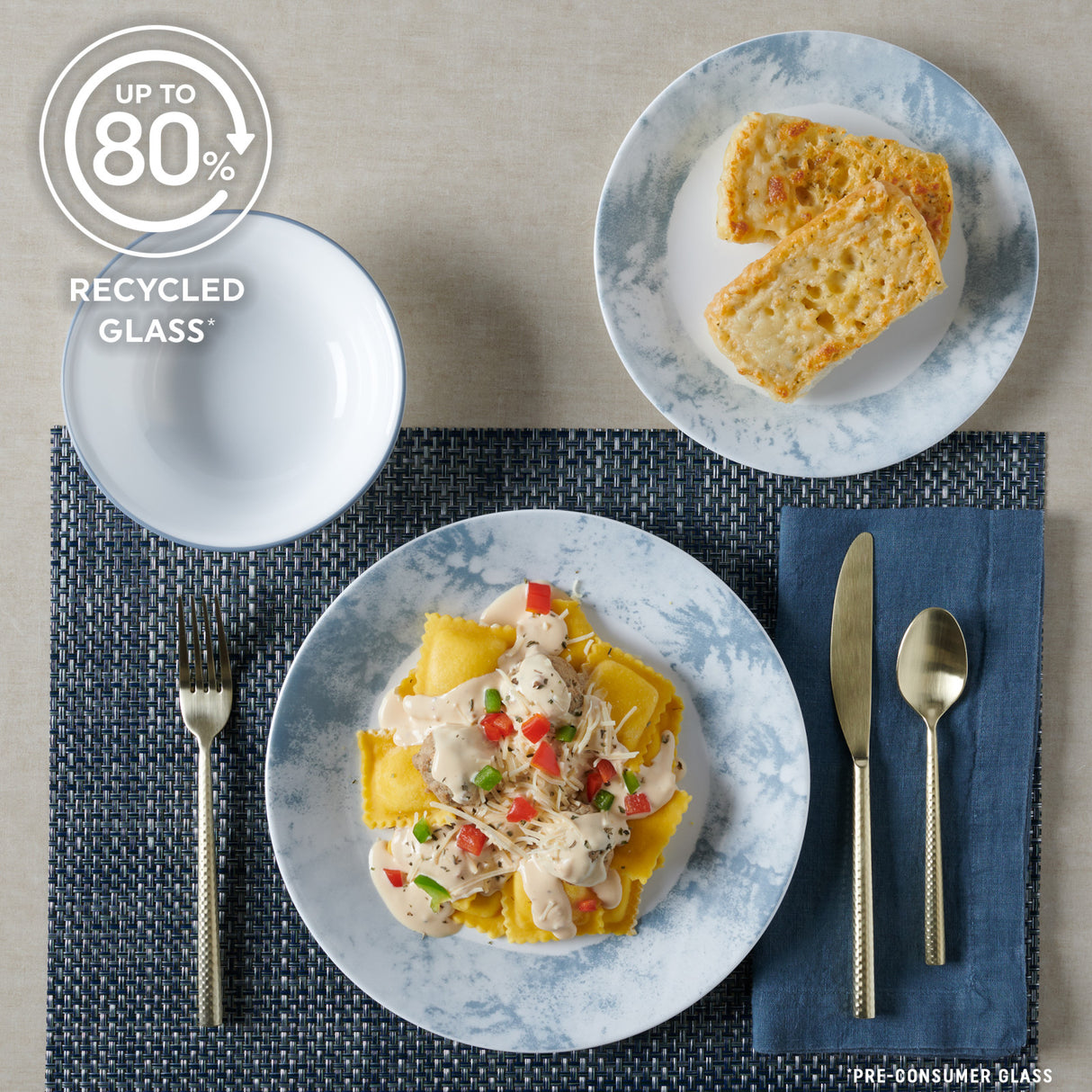 Salt Wash dinnerplate, salad plate and cereal bowl with text up to 80% recycled glass