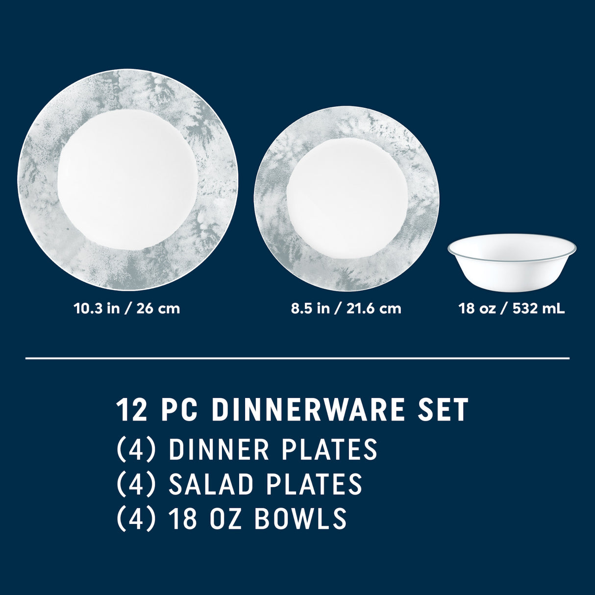 Image of dinnerplate, salad plate and 18-ounce cereal bowl with dimensions