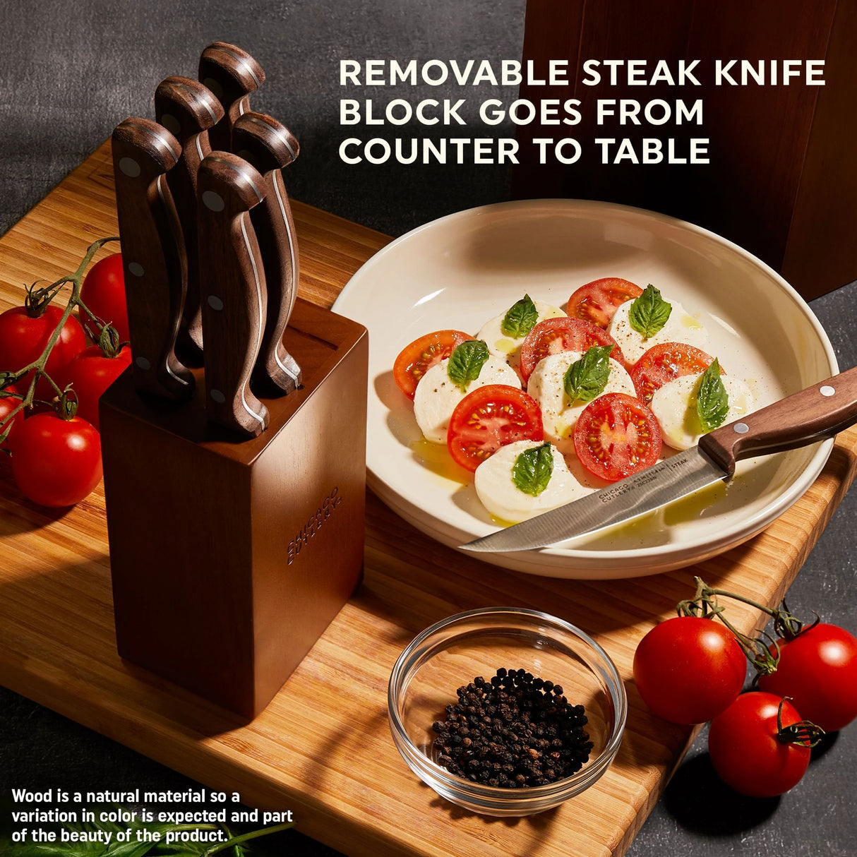 Racine 12-piece Block Set with text removable steak knife block goes from counter to table (shown on counter with food)