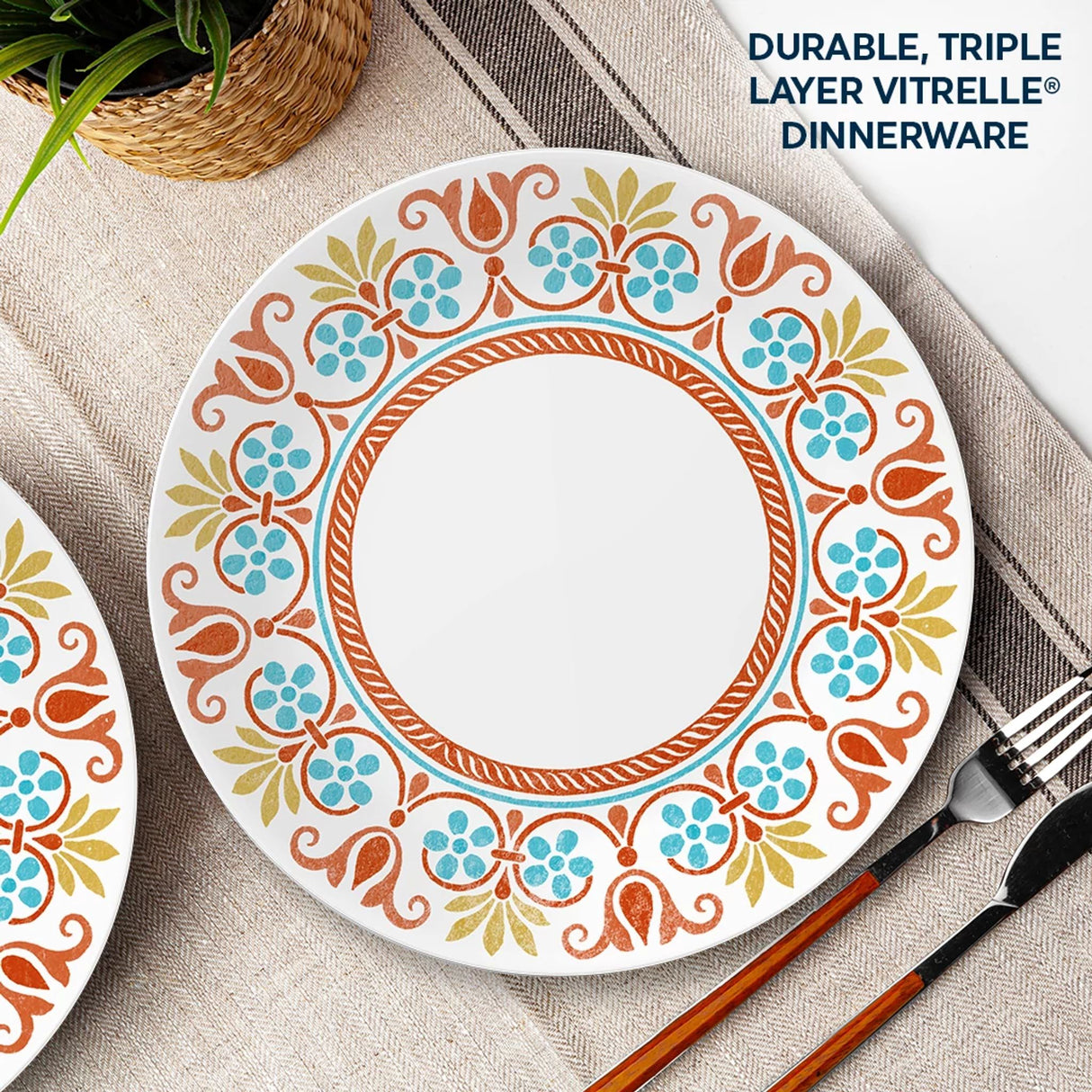 Terracotta Dreams 10.25” Dinner Plate with text: durable triple layer vitrelle dinerware