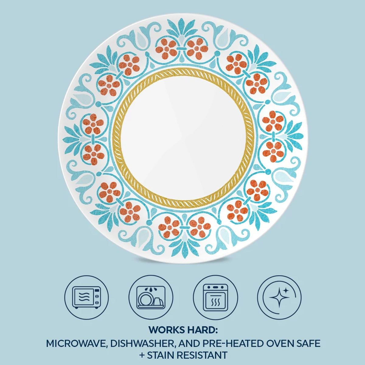 Terracotta Dreams 8.5" Salad Plate with text works hard microwave, dishwasher & preheated ovensafe & stain resistant