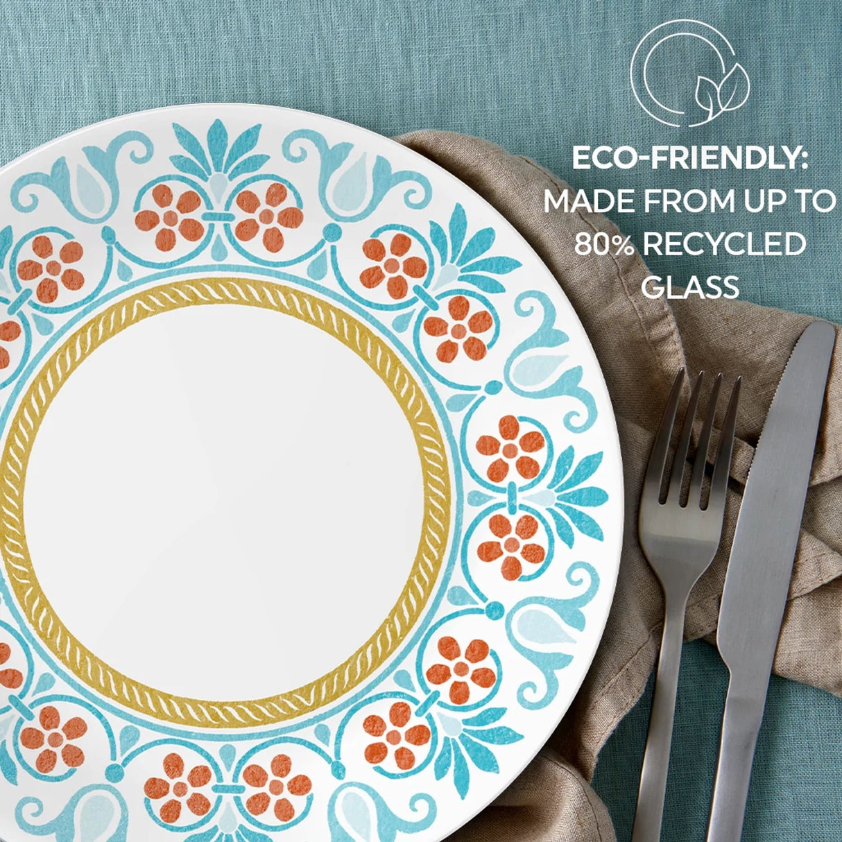 Global Collection Terracotta Dreams 8.5" Salad Plate with text eco-friendly made from up to 80% recycled glass