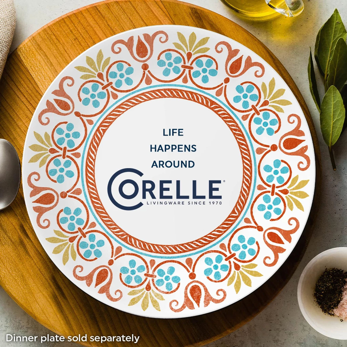 Global Collection Terracotta Dreams 8.5" Salad Plate with text life happens around Corelle