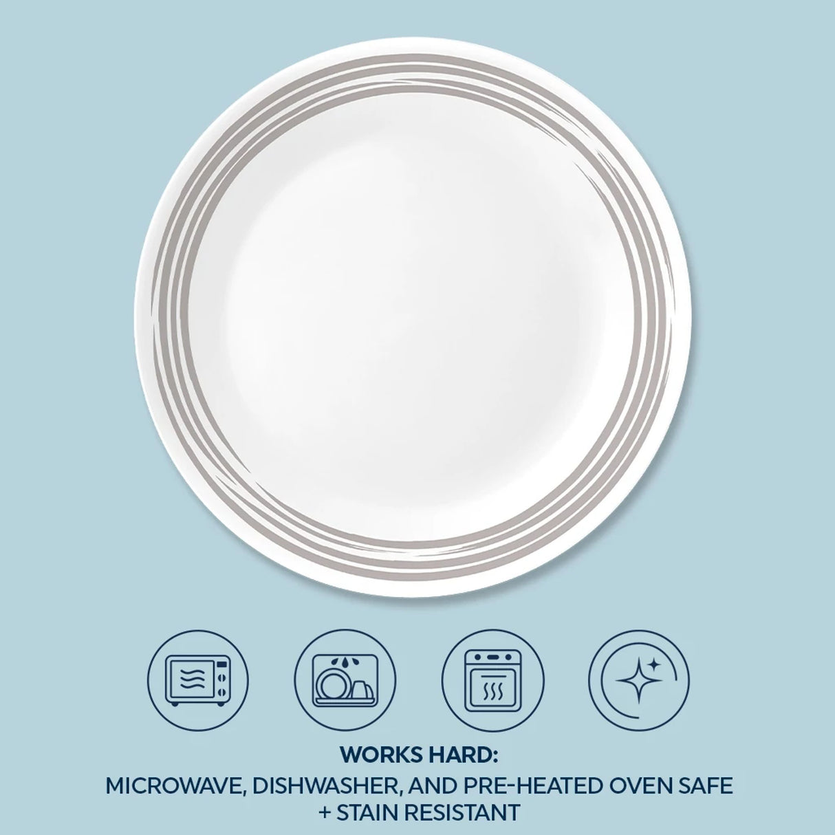 Brushed Silver dinnerplate works hard microwave,dishwasher & pre-heated ovensafe & stain resistant