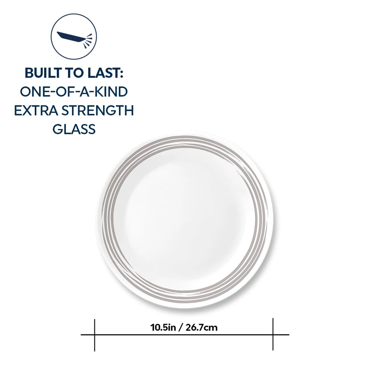 Brushed Silver Dinner Plate with text built one-of-a-kind extra strength glass