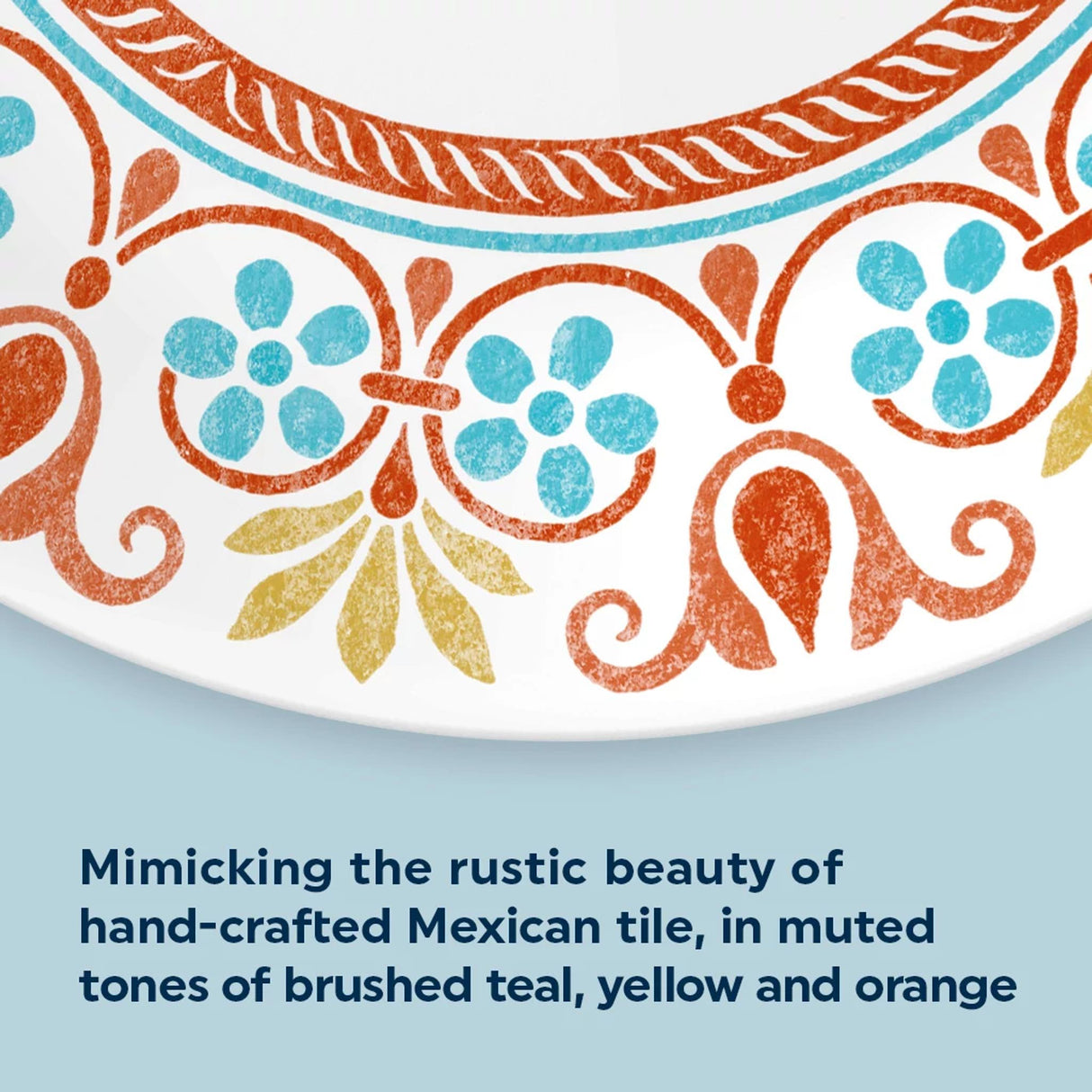 Terracotta Dreams dinnerplate detail with text the rustic beauty of hand-crafted Mexican tile