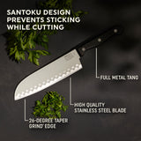 Essentials Santoku  knife with text design prevents sticking while cutting; full metal tang, high quality stainless steel blade, 26-degree taper grind edge