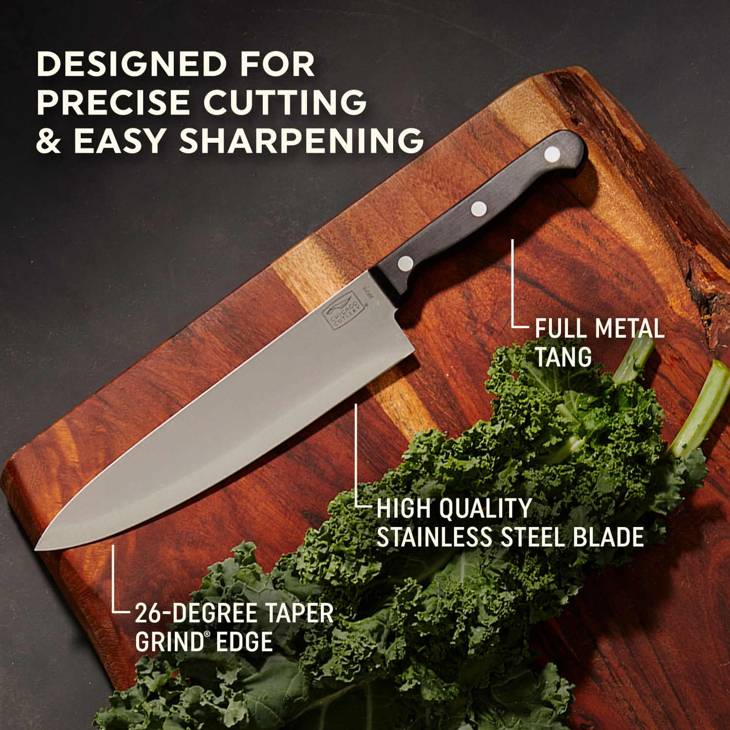 Chef Knife with text designed for precise cutting & easy sharpening, full tang, high quality stainless blade,  26-degree taper grind edge