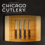 Steak knives on cutting board with text Chicago Cutlery premium quality tools with a proud history since 1930