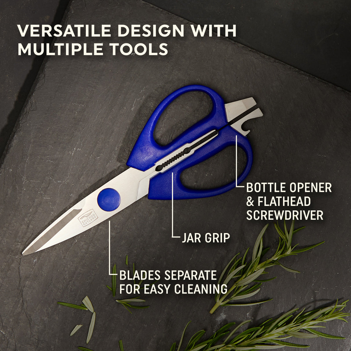 Chicago Cutlery scissors with text: versatile design with multiple tools, bottle opener, flathead screwdriver, jar grip, blades separate for easy cleaning
