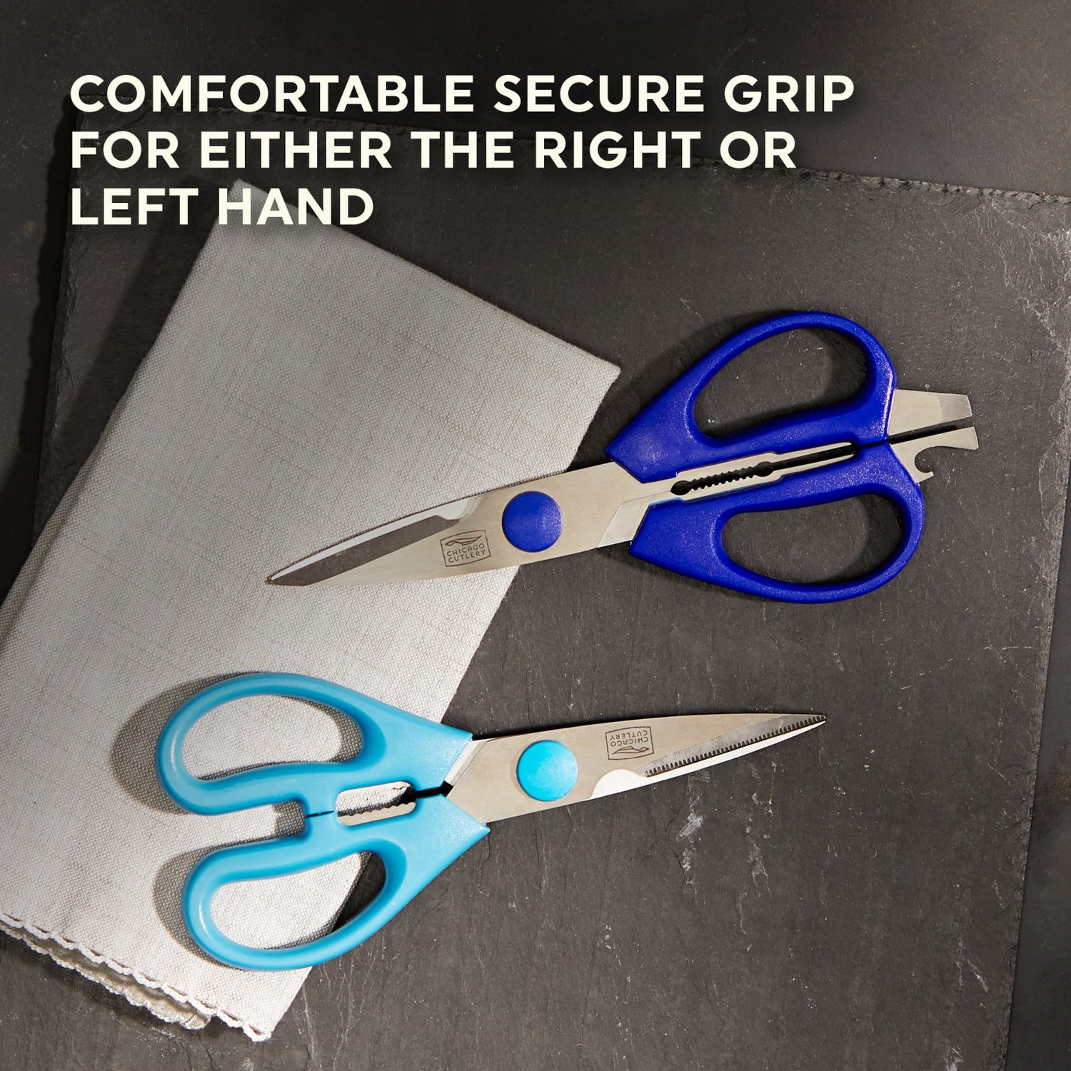 Chicago Cutlery 2-piece scissor set with text comfortable secure grip for either the right or left hand