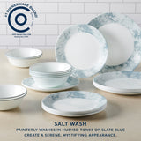  Salt Wash 12-piece Dinnerware Set with text #1 dinnerware brand; Salt Wash painterly washes in Hushed Tones of slate blue create a serene, mystifying appearance.