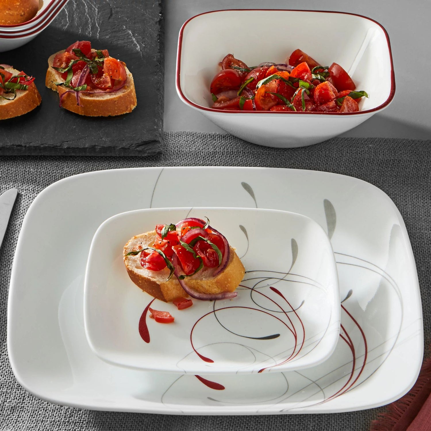  Square Splendor Dinnerplate, appetizer plate & cereal bowl on table with food inside