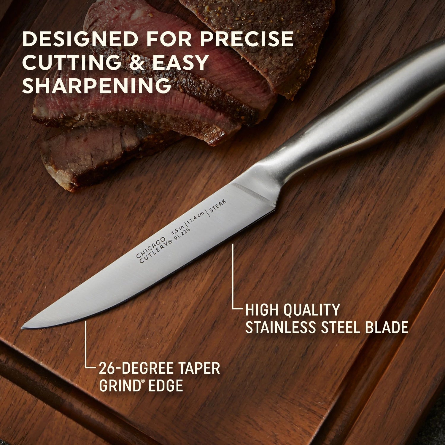  Insignia Steel Steak Knife Set on table with text in photo designed for precise cutting & easy sharpening
