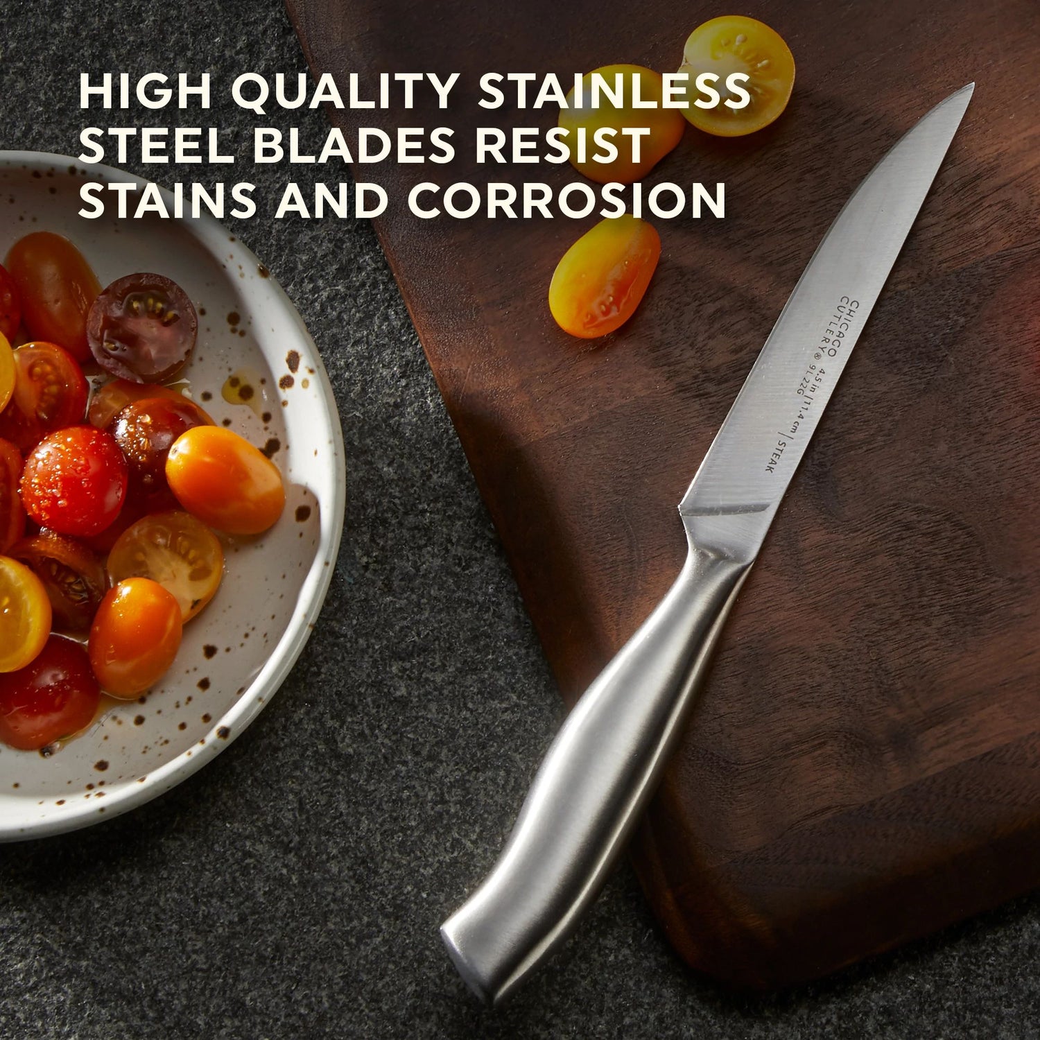  Insignia Steel Steak Knife Set with text high quality stainless steel blades resist stains & corrosion