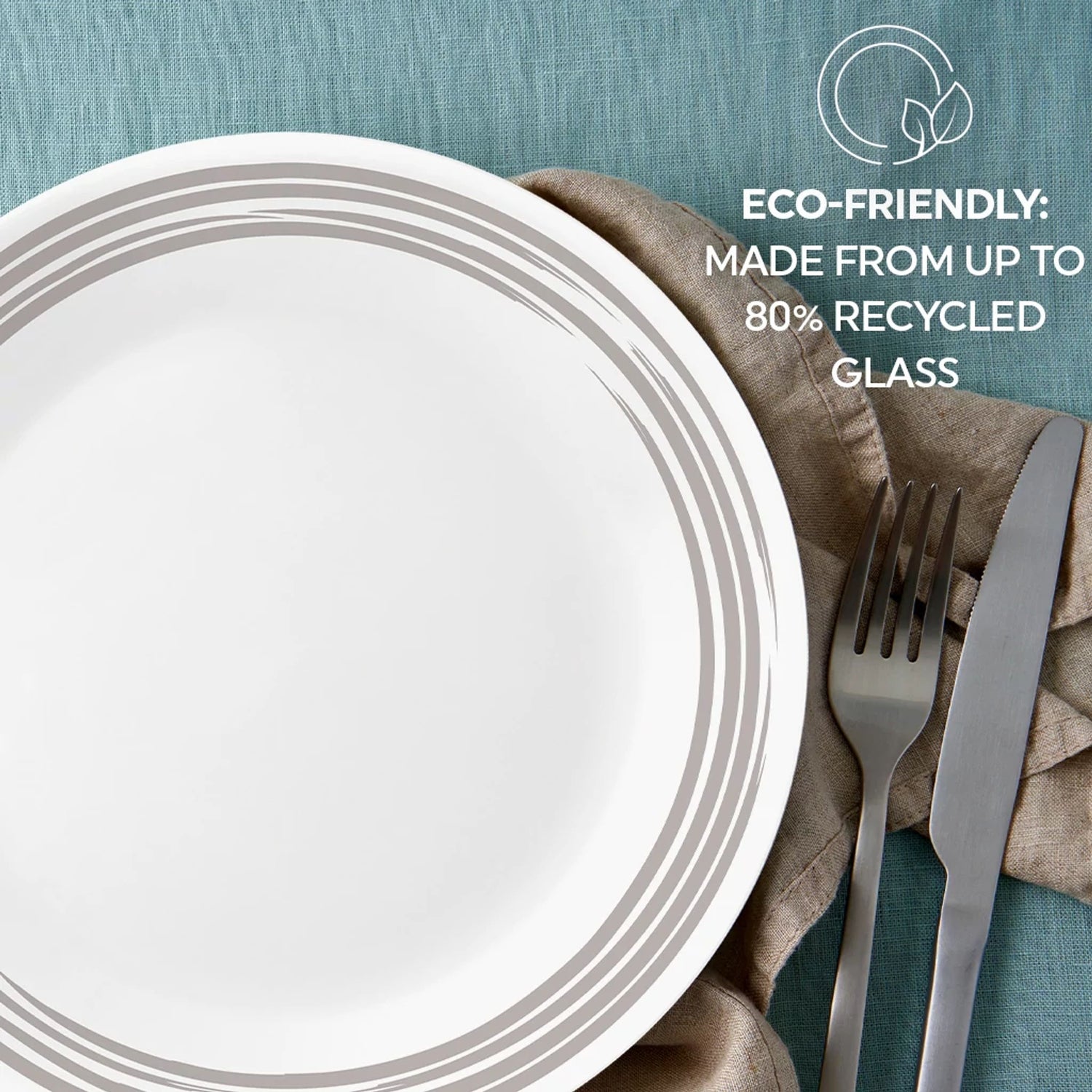  Brushed Slver dinnerplate with text ec0-friendly made from up to 80% recycled glass