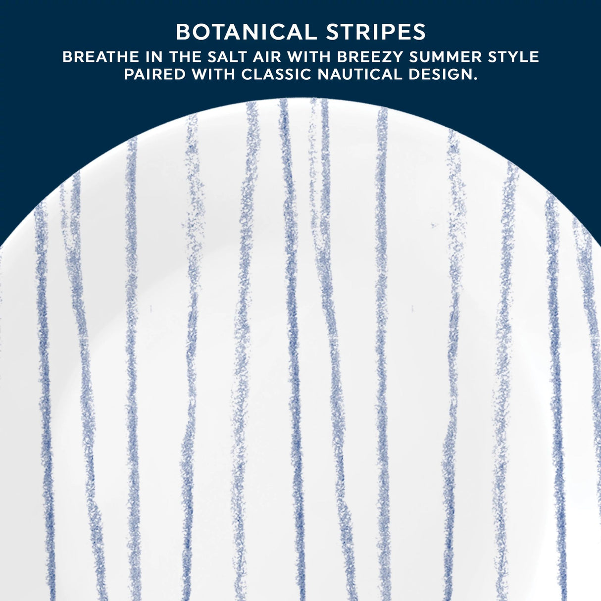  Botanical Stripes Appetizer Plate with text breathe in the salt air with breezy summer style paired with classic nautical design