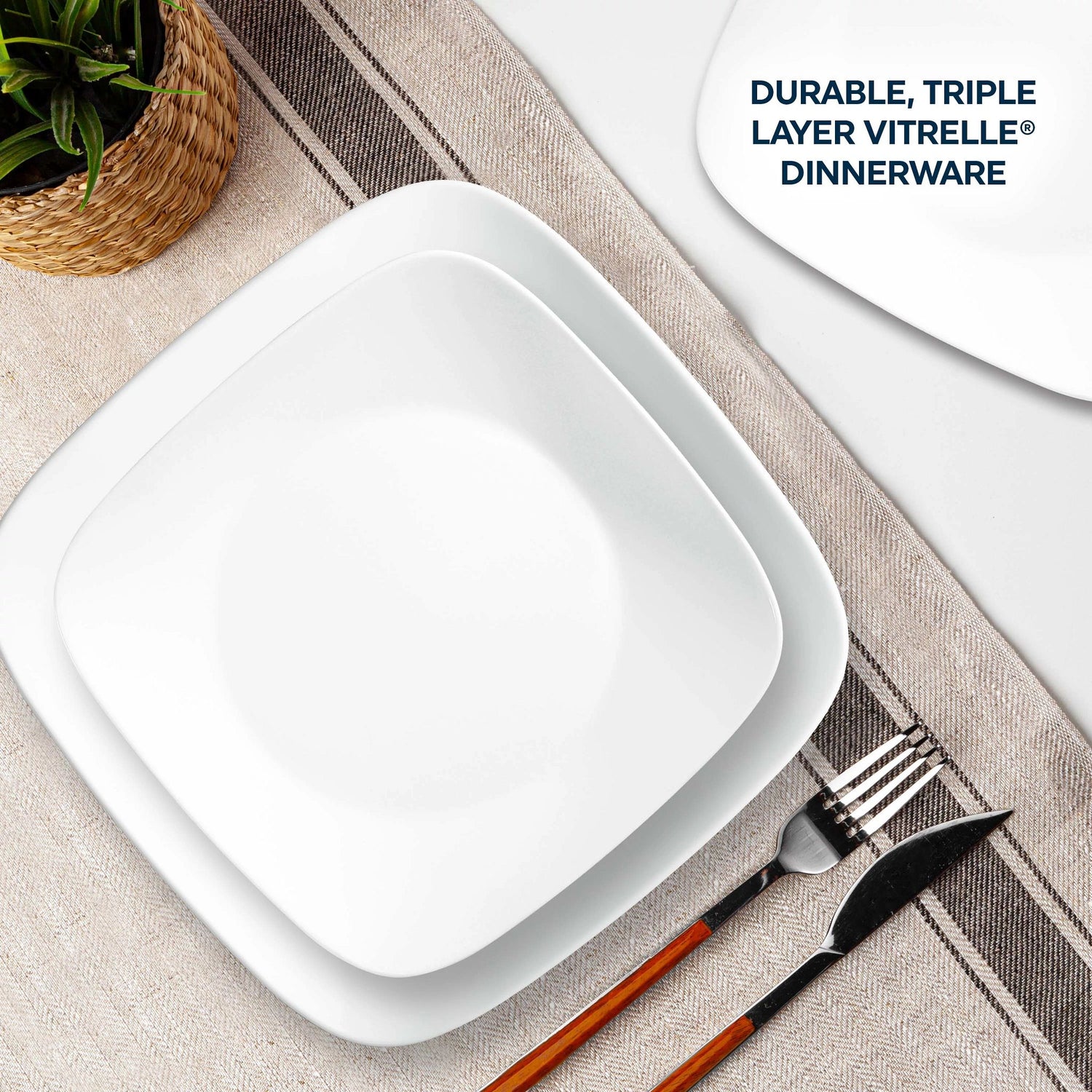  Vivid White dinner & salad plate on table with text durable triple layer Vitrele dinnerware