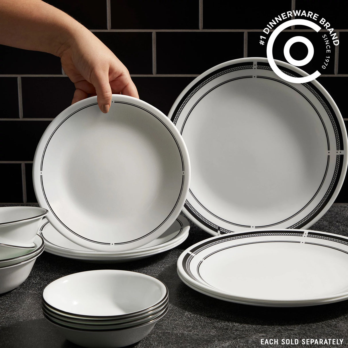  Brasserie dinner ware set on tabletop with text #1 dinnerware brand 