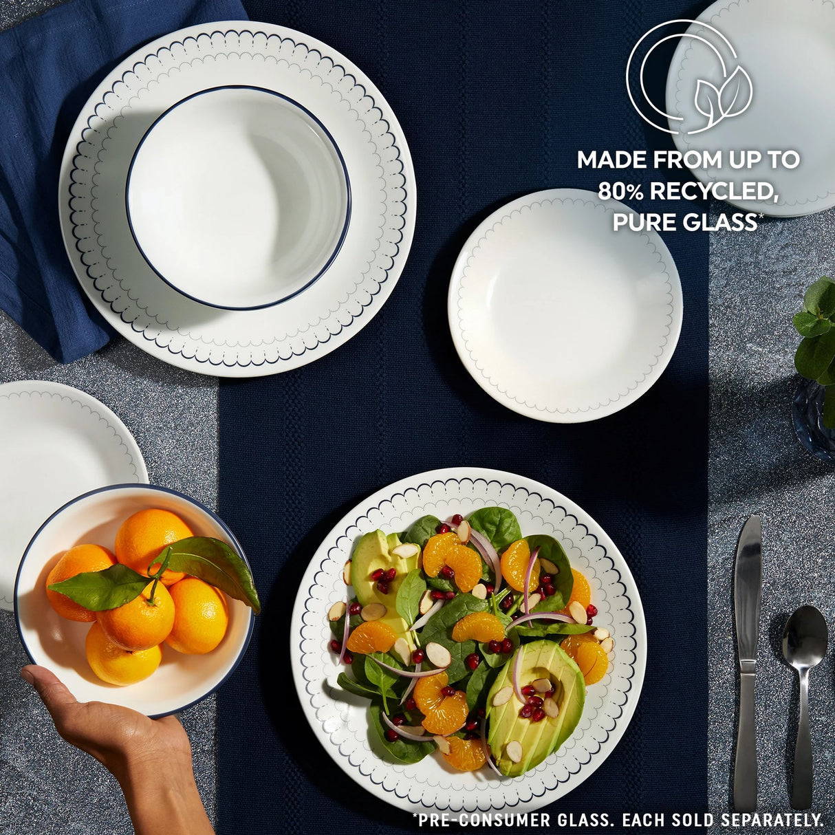  Caspian Lace Dinnerware on tabletop with text made from up to 80% recycled pure glass