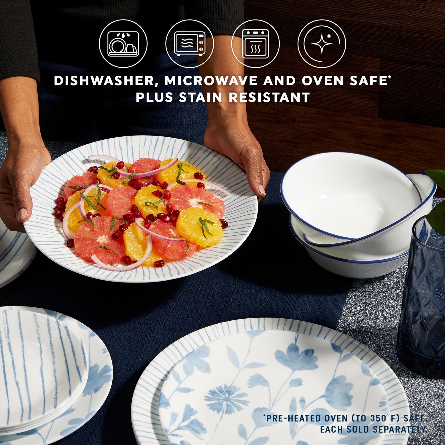  Botanical Stripes complete dinnerware set with text dishwasher, microwave & oven safe plus stain resistant