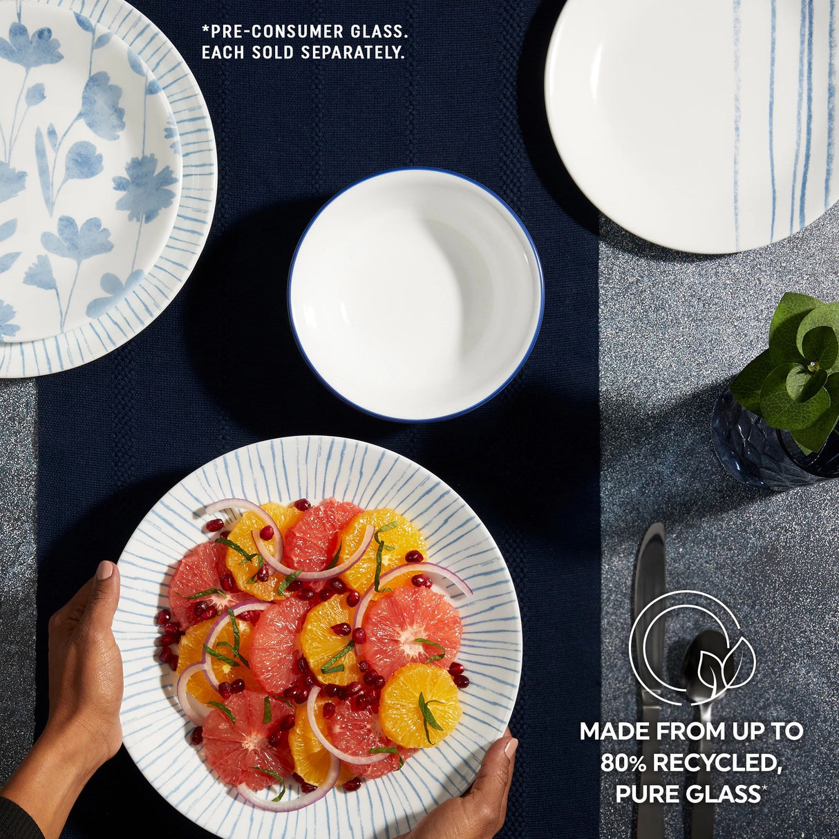  Botanical Stripes complete dinnerware set with text made from up to 80% recycled pure glass