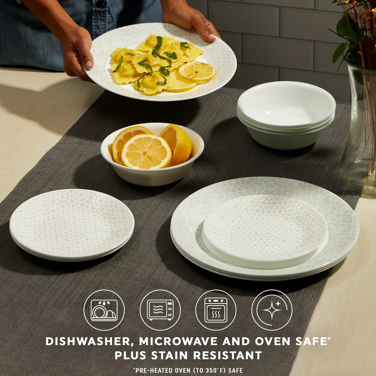  Knox Dinnerware Set with text dishwasher, microwave &amp; oven safe plus stain resistant