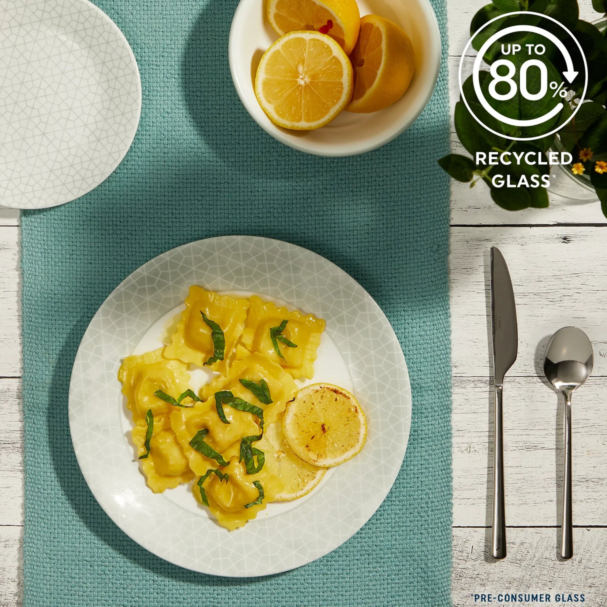  Know Dinner &amp; appetizer plates &amp; cereal bowl with text up to 80% recycled glass