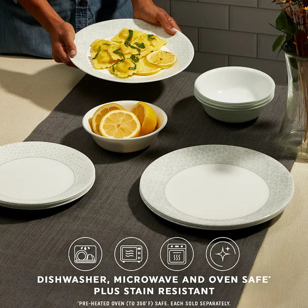  Knox dinnerware on the table with text dishwasher,microwave &amp; oven safe plus stain resistant