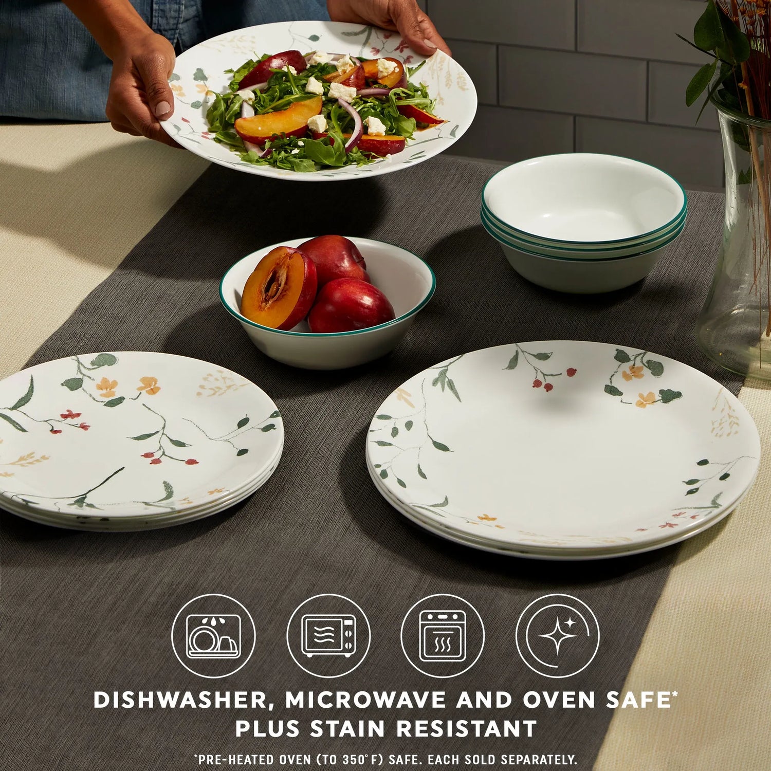  Wildflower Scatter dinnerware on the table with text dishwasher, microwave & ovensafe