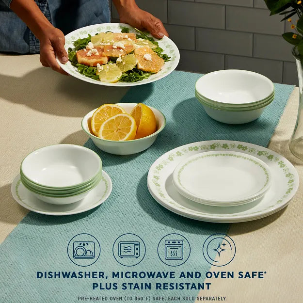  Spring Blossom Green Dinner set on table with text dishwasher, microwave &amp; ovensafe plus stain resistant