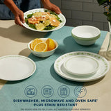  Spring Blossom Green 12-piece Dinnerware Set with text dishwasher, microwave &amp; ovensafe plus stain resistant