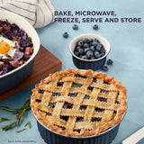  French Colors Navy 1.5-qt Round Baking Dish with food inside &amp; text on photo bake, microwave, freeze serve &amp; store