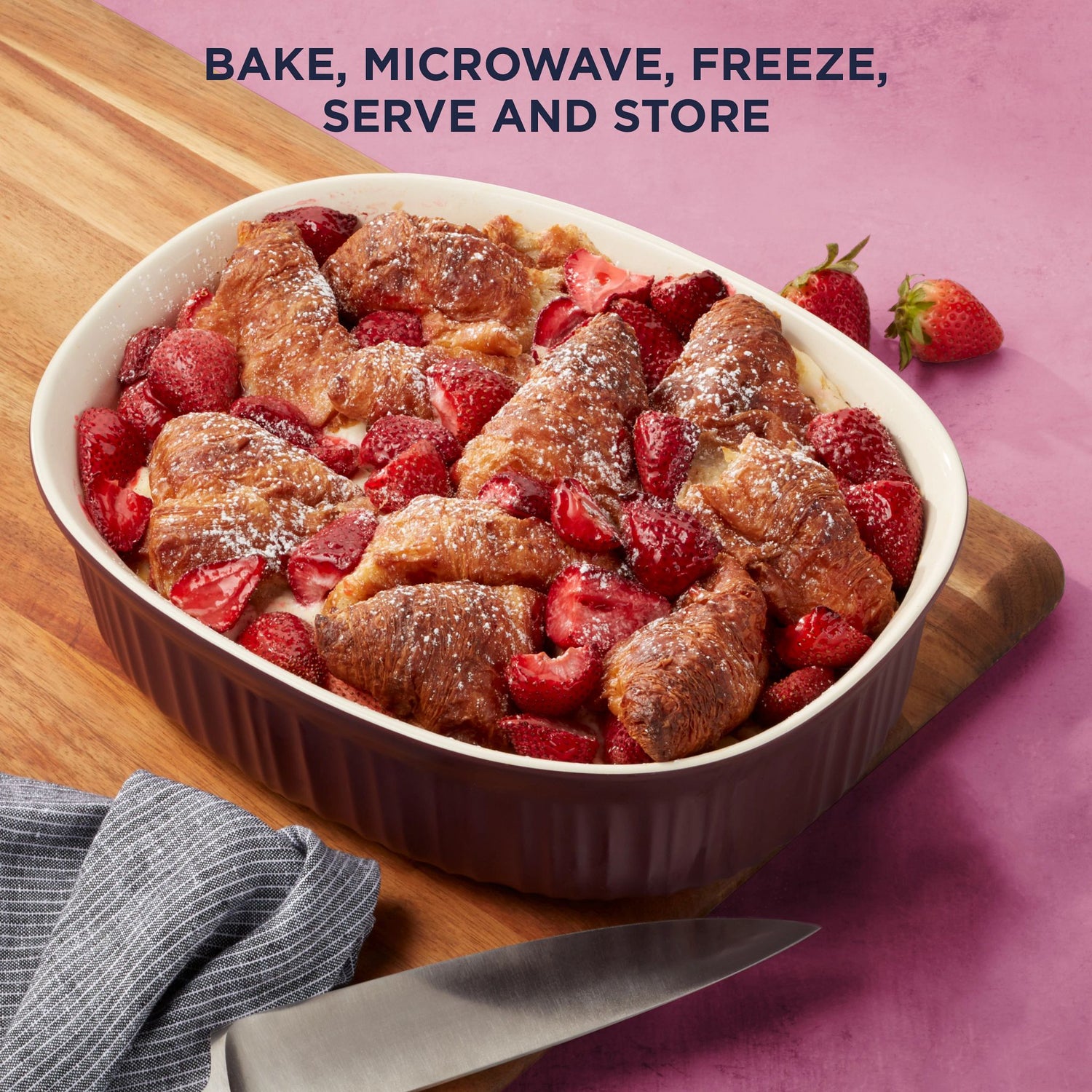  French Colors 2.5-quart Oval Baking Dish, Cabernet with food inside and text bake, microwave, freeze & store