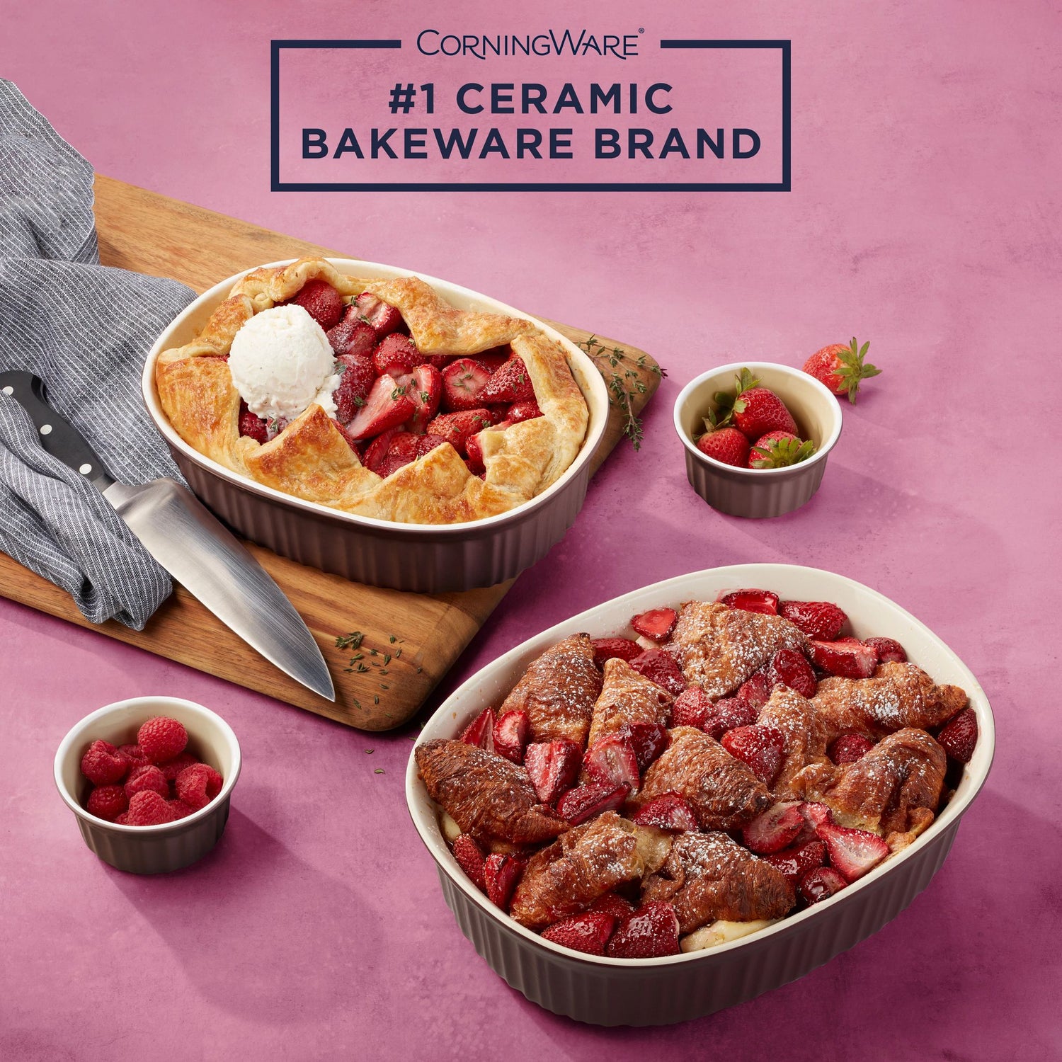  French Colors Bakeware Set, Cabernet on table with food inside and text on photo #1 ceramic bakeware brand