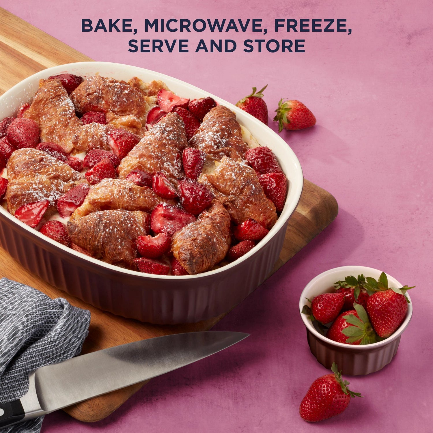  French Colors 2.5-qt Baking Dish, Cabernet with food inside and text on photo bake, microwave, freeze,serve & store