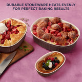  French Colors Oval Bakeware, Cabernet - food inside and text on photo durable stoneware heats evenly for perfectd baking results