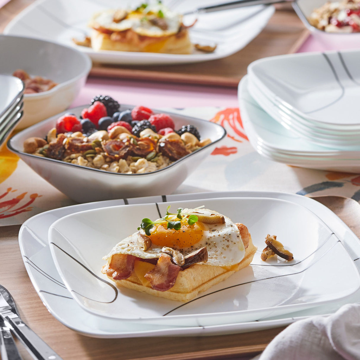  Simple Lines dinner, salad &amp; cereal bowls on table with food